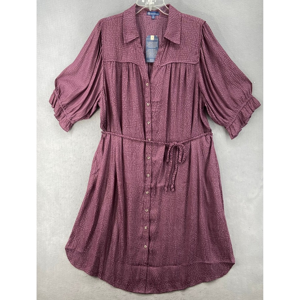 NWT Democracy Dress Women's 2X Purple Print Button Front Belt Puff Sleeve